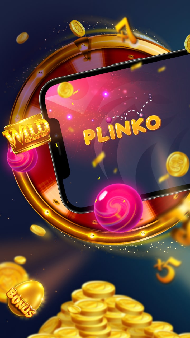 A mobile phone displaying the word Plinko amidst swirling coins, candy-like balls, and bonus icons in a bright casino-themed setting.