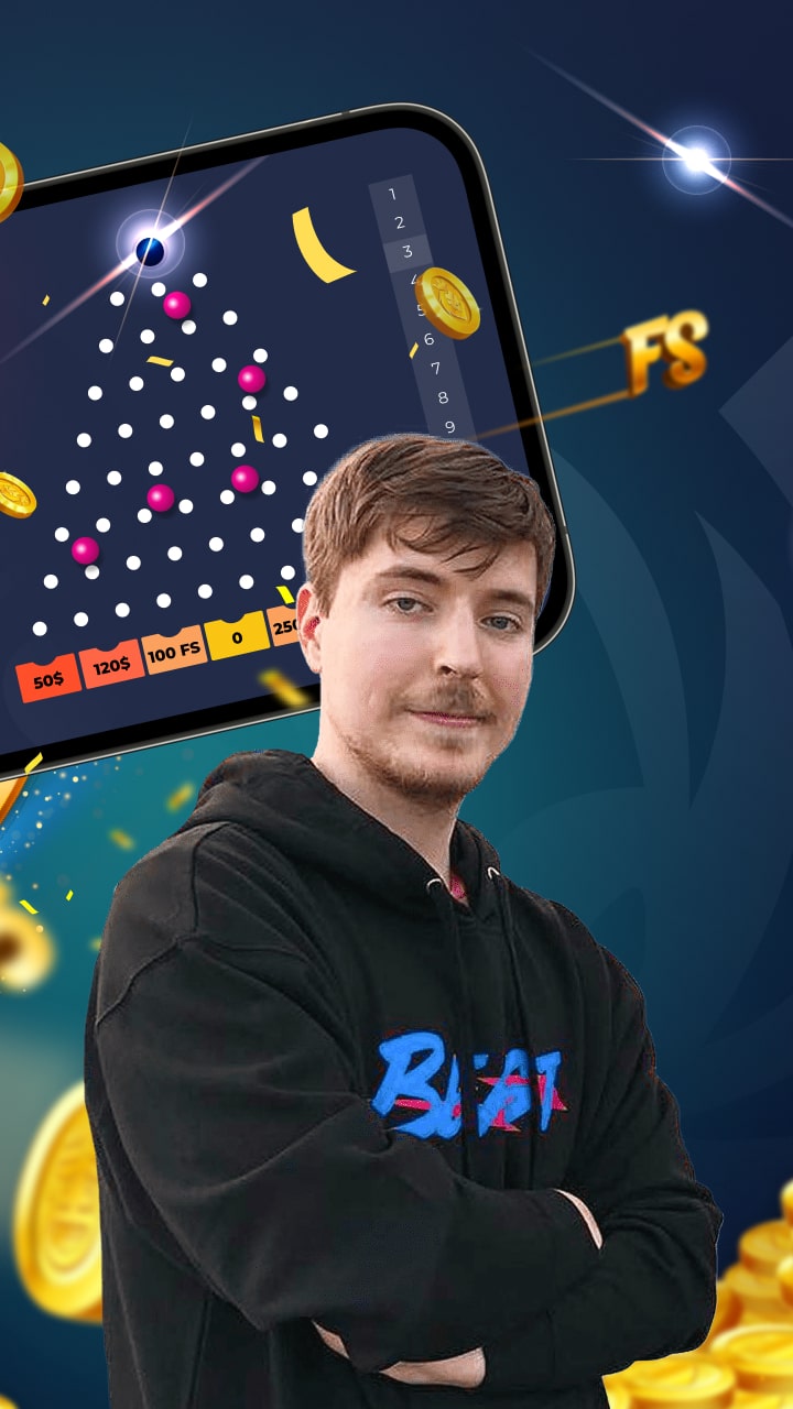 A Mr Beast in a black hoodie with Beast written on it standing in front of a mobile game interface featuring a Plinko board, coins, and free spin indicators.