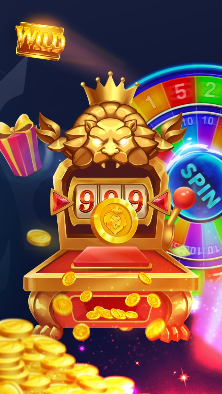 A golden slot machine with a lion's head design, surrounded by coins, a spinning wheel, and glowing Wild symbols.